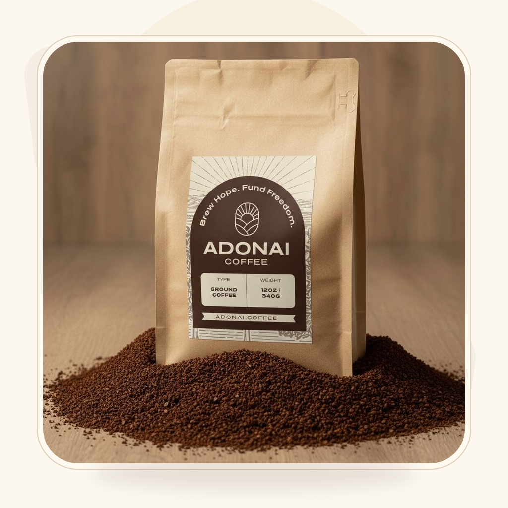 Ground Coffee Adonai Coffee bag in a warm editorial product card