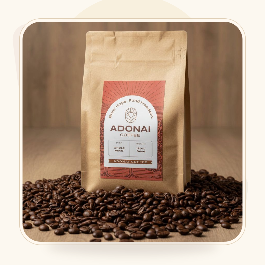 Whole Bean Adonai Coffee bag in a warm editorial product card
